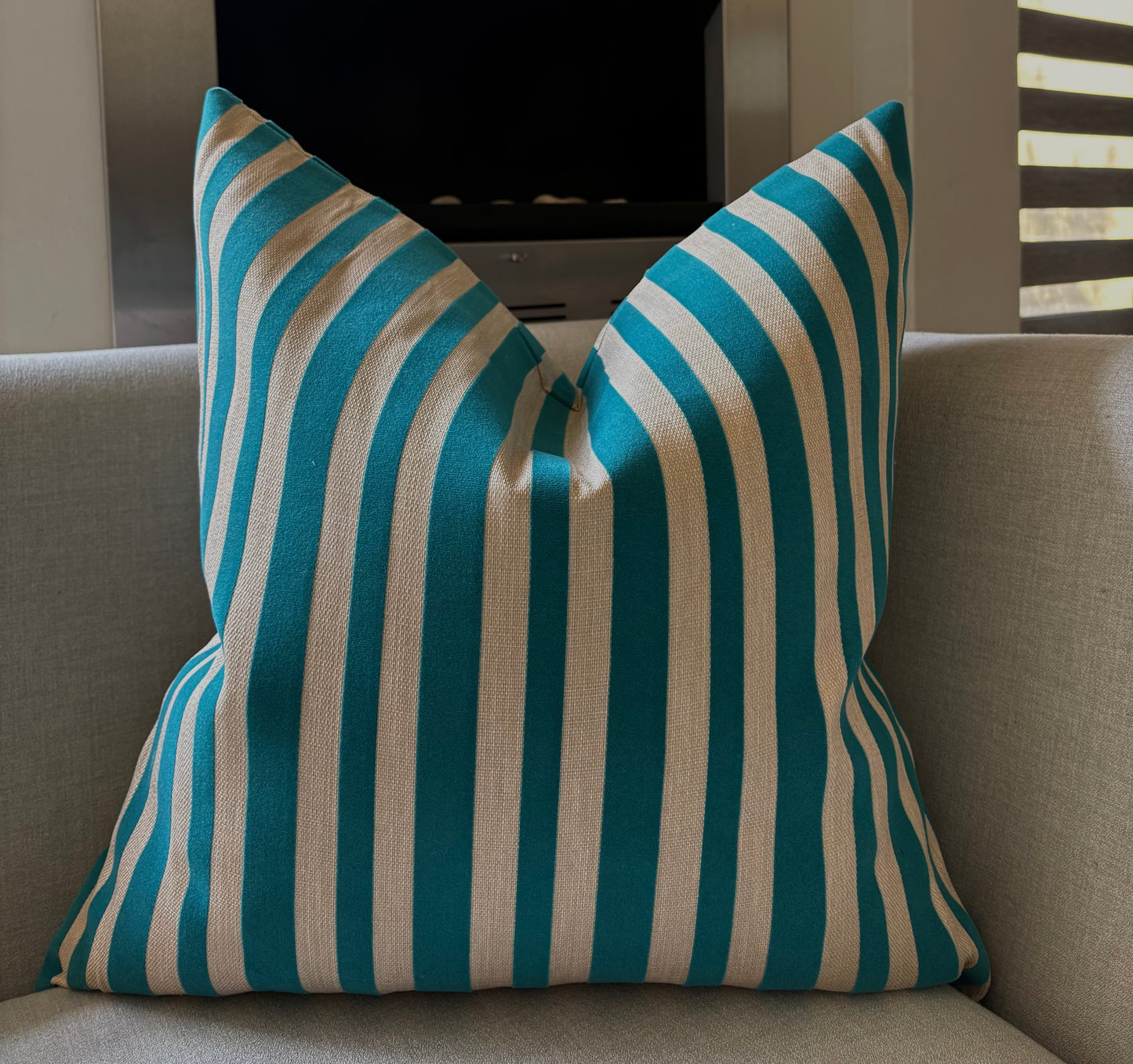 Teal Blue & Neutral Striped Scatter Cushion