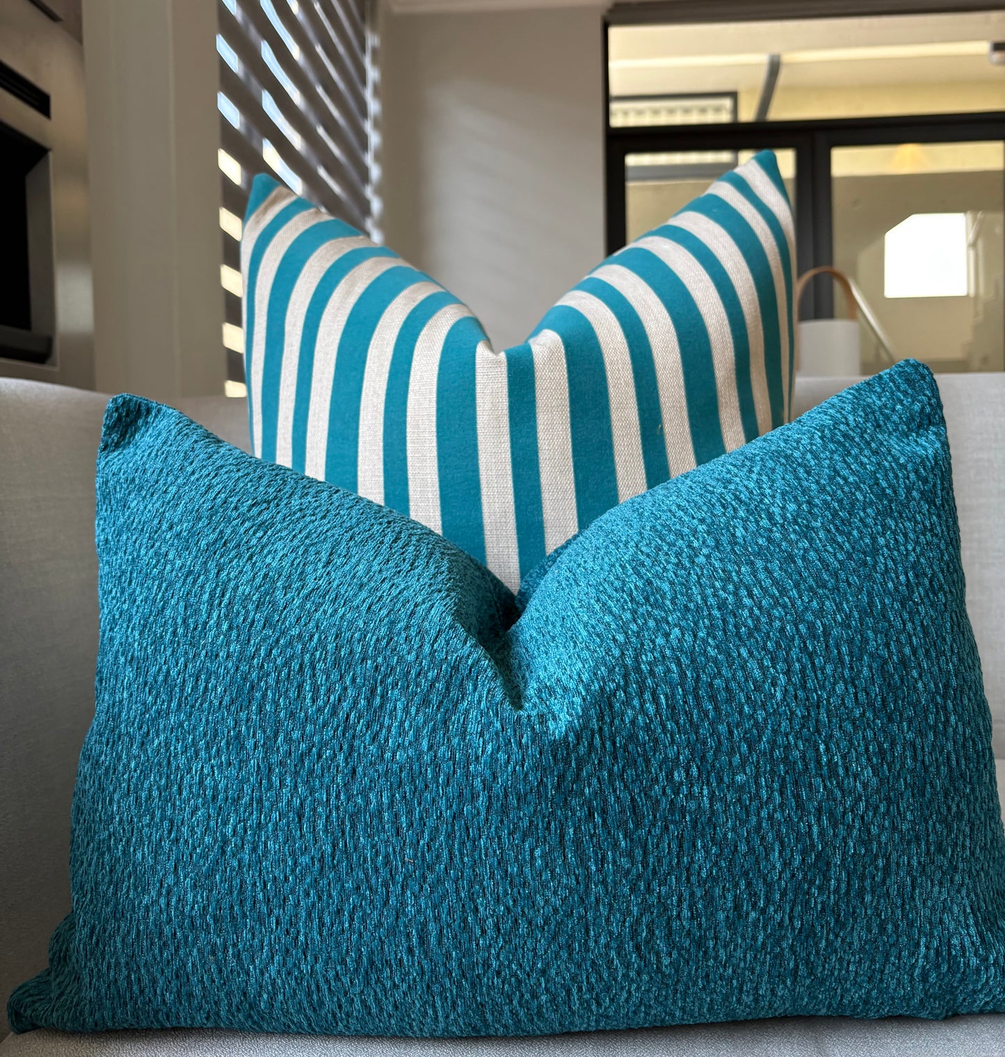 Teal Blue & Neutral Striped Scatter Cushion